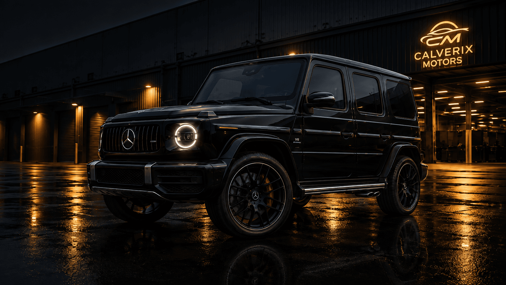 Mercedes-Benz G63 AMG in front of the Calverix Motors showroom at night